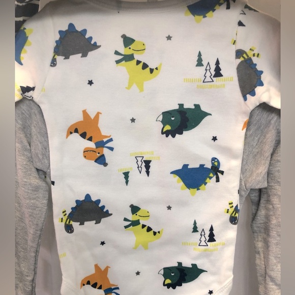 Koala baby long sleeve 4 pack of blue/gray dinosaur bodysuits, 0-3 months - Picture 3 of 8